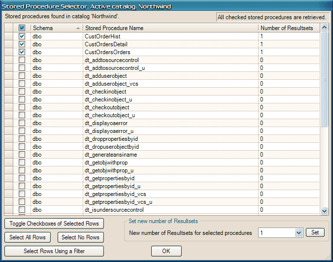 Select stored procedures and set number of resultsets