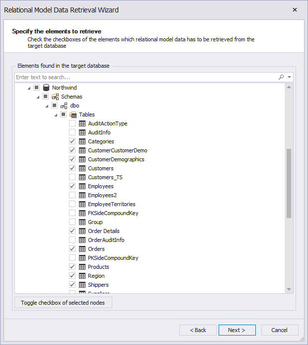 The Relational Model Data Retrieval Wizard, step 2 Wizard, tab 1