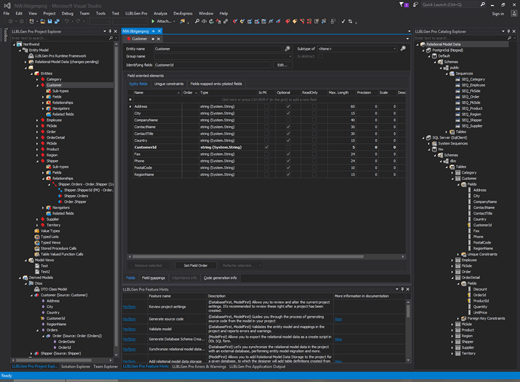 The LLBLGen Pro designer, integrated in Visual Studio, using Dark Theme Overview vs.net