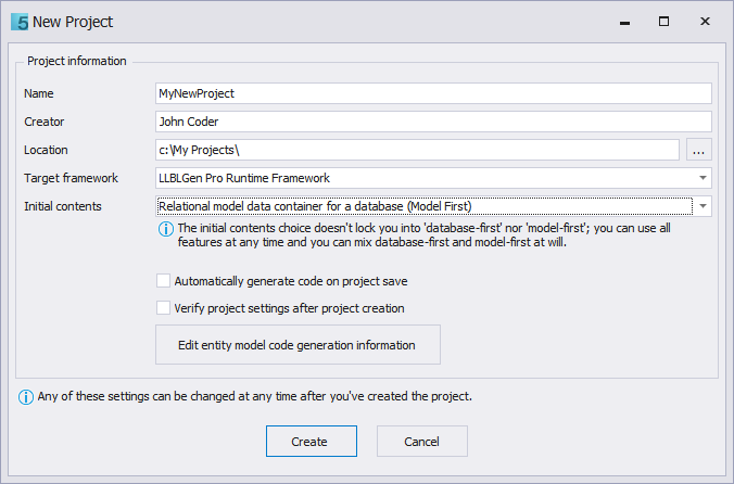 The Create Project dialog Create Project Dialog