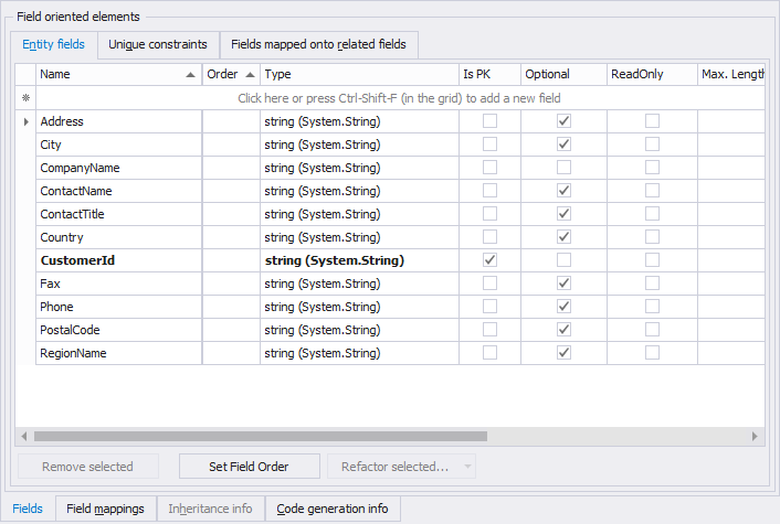 The Entity Fields Tab Entity Fields Tab