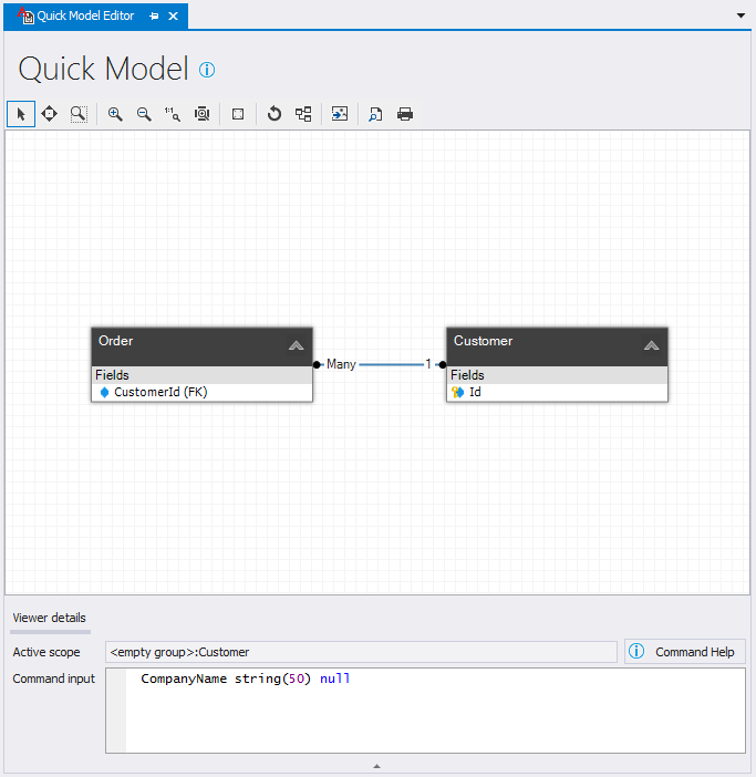 The QuickModel Editor with a statement to create a new field in 'Customer' QuickModel Editor