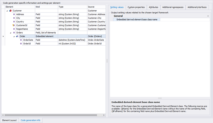 Root Derived Element Code Generation Info tab