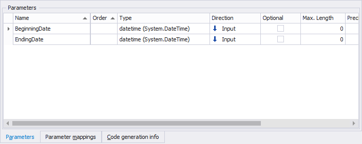 The Parameters tab SPCall Parameters Tab