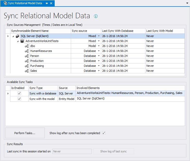 The Sync Relational Model Data tab The Sync tab