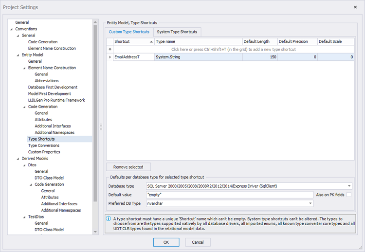 Type Shortcuts pane in project settings TypeShortcuts pane in project settings
