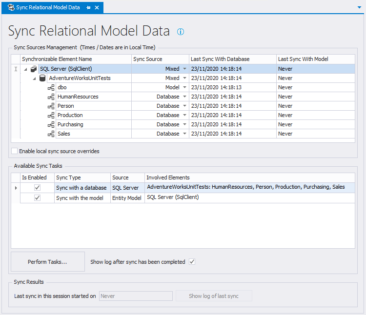 The Sync Relational Model Data tab The Sync tab