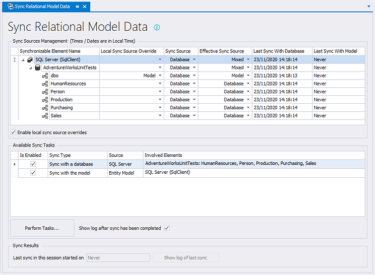 The Sync Relational Model Data tab with local overrides enabled The Sync tab with local overrides enabled