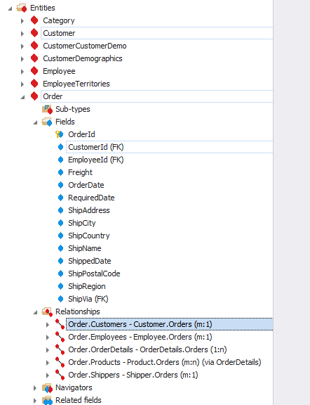 Related elements to the selected relationship are highlighted in the Project Explorer Project Explorer Highlighting