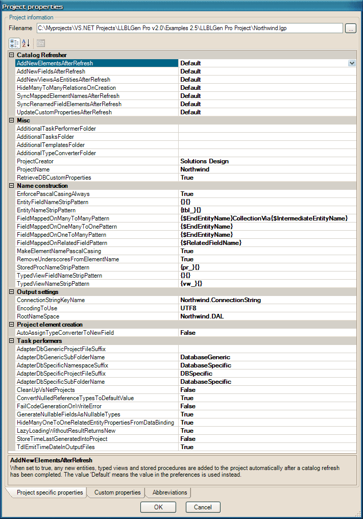 project properties dialog, properties tab