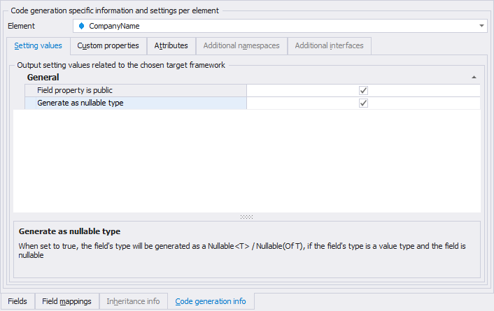 Entity Code Generation Info tab Entity Code Generation Info tab