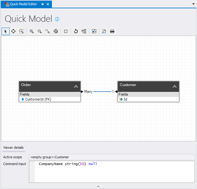 The QuickModel Editor with a statement to create a new field in 'Customer' QuickModel Editor