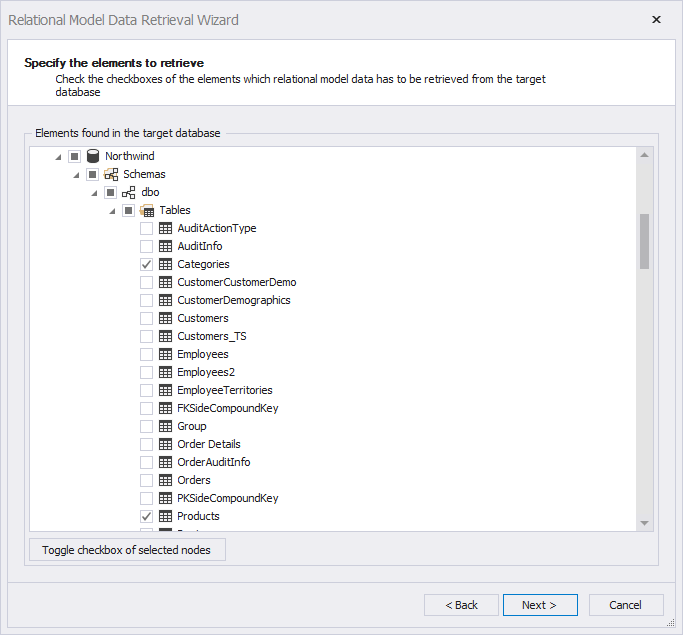 The Relational Model Data Retrieval Wizard, step 2 Wizard, tab 1