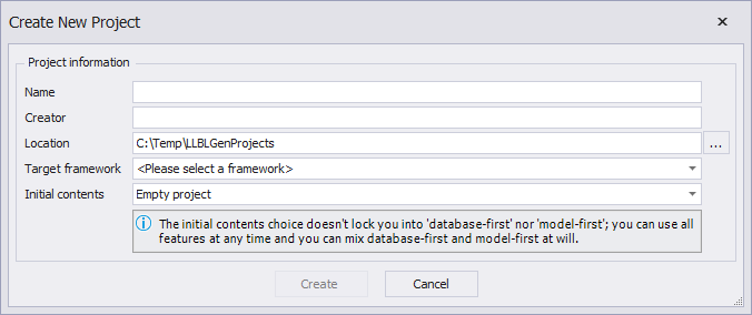 The Create Project dialog Create Project Dialog