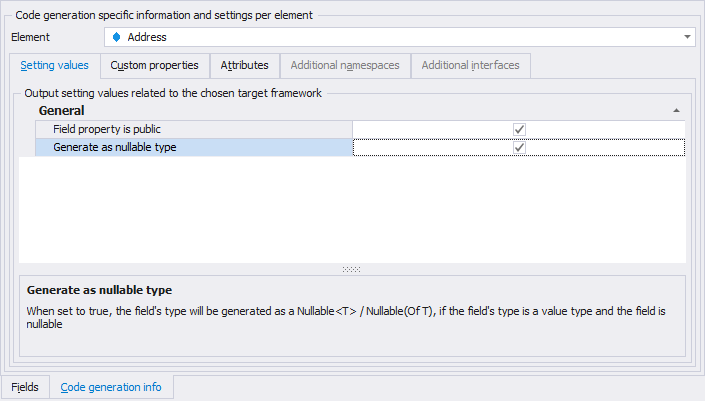 The Code Generation Info tab Code Gen tab